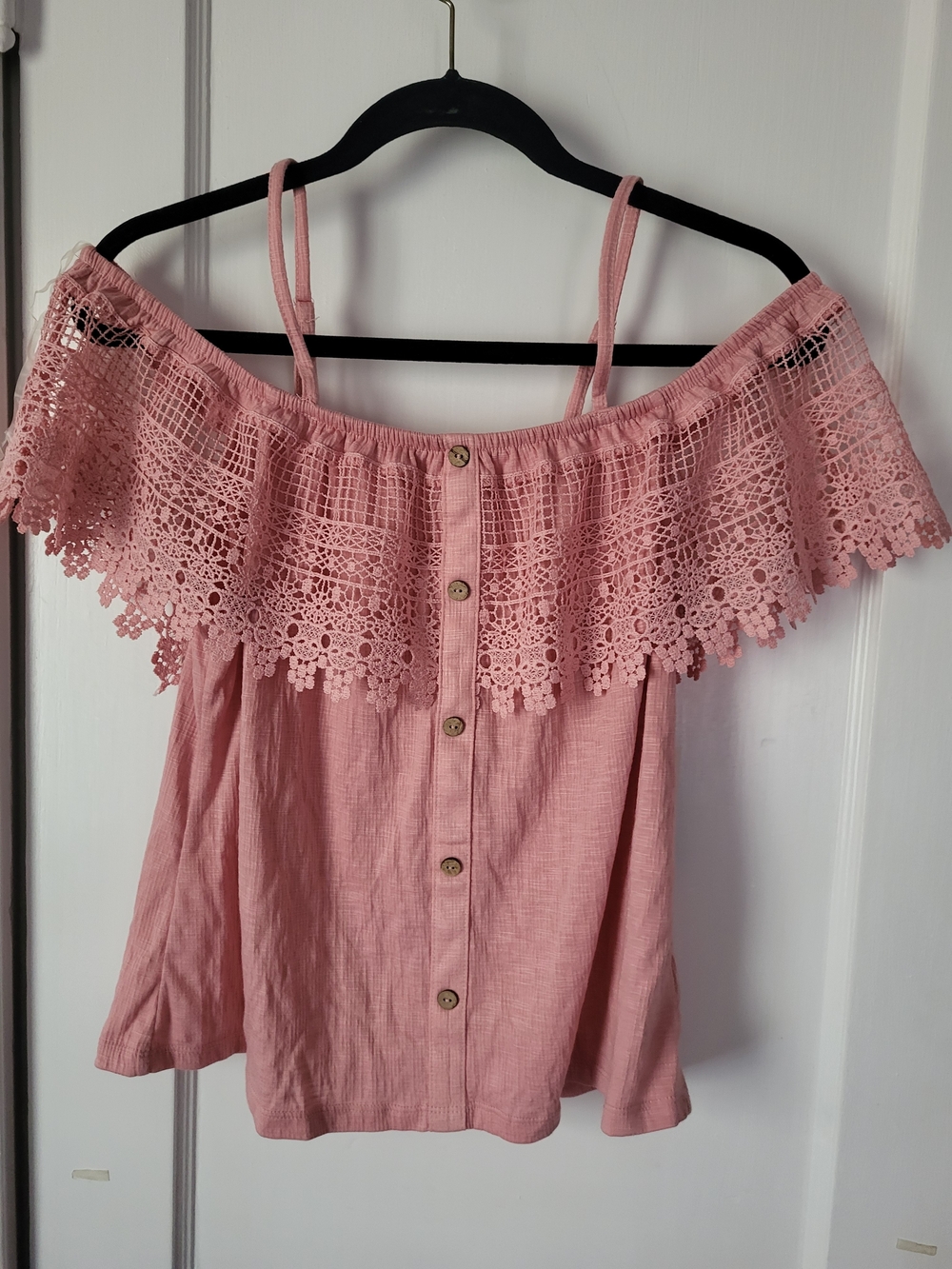 No Boundaries Pink Off-Shoulder Crochet-Trim Button Front Top